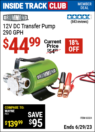 Inside Track Club members can buy the DRUMMOND 12V DC Transfer Pump (Item 63324) for $44.99, valid through 6/29/2023.