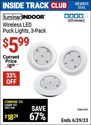 Inside Track Club members can buy the LUMINAR INDOOR Wireless LED Puck Lights, 3 Pk. (Item 64593) for $5.99, valid through 6/29/2023.