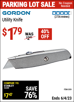 Buy the GORDON Retractable Utility Knife (Item 03359) for $1.79, valid through 6/4/2023.