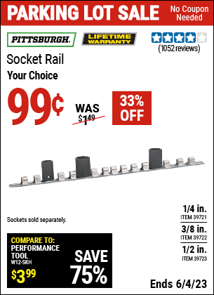 Buy the PITTSBURGH 1/2 in. Socket Rail (Item 39723/39721/39722) for $0.99, valid through 6/4/2023.