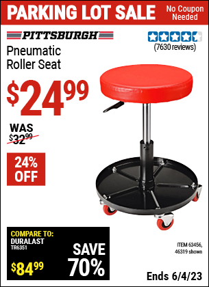 Buy the PITTSBURGH AUTOMOTIVE Pneumatic Roller Seat (Item 46319/63456) for $24.99, valid through 6/4/2023.