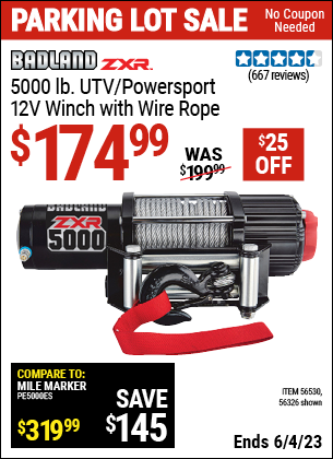 Buy the BADLAND 5000 Lb. UTV/Powersport 12V Winch (Item 56326/56530) for $174.99, valid through 6/4/2023.