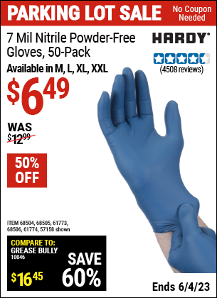 Buy the HARDY 7 Mil Nitrile Powder-Free Gloves, 50 Pc. XX-Large (Item 57158/68504/68505/61773/68506/61774) for $6.49, valid through 6/4/2023.