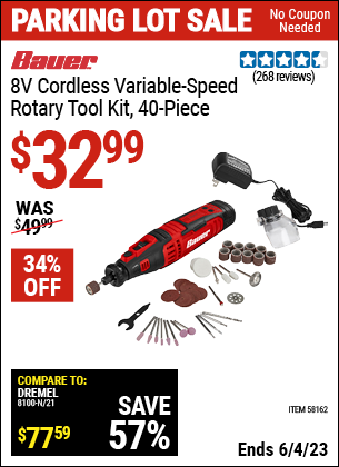 Buy the BAUER 8V Cordless Variable Speed Rotary Tool Kit (Item 58162) for $32.99, valid through 6/4/2023.