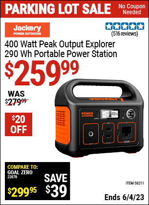 Buy the JACKERY 400 Watt Peak Output Explorer 290 Wh Portable Power Station (Item 58211) for $259.99, valid through 6/4/2023.