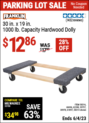 Buy the HAUL-MASTER 30 In x 18 In 1000 Lbs. Capacity Hardwood Dolly (Item 58314/58314/58316/61897/39757/62398/38970) for $12.86, valid through 6/4/2023.
