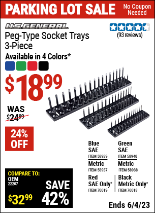 Buy the U.S. GENERAL Peg-Type Metric Socket Tray (Item 58937/58938/58939/58940/70018/70019) for $18.99, valid through 6/4/2023.
