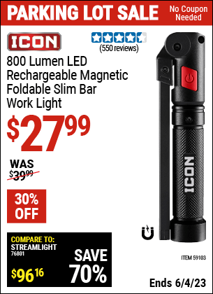 Buy the ICON 800 Lumen Rechargeable Slim Bar LED Light (Item 59103) for $27.99, valid through 6/4/2023.