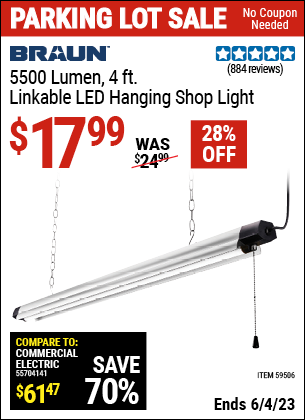 Buy the BRAUN 5500 Lumen 4 ft. Linkable LED Hanging Shop Light (Item 59506) for $17.99, valid through 6/4/2023.