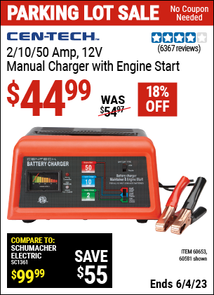 Buy the CEN-TECH 12V Manual Charger With Engine Start (Item 60581/60653) for $44.99, valid through 6/4/2023.