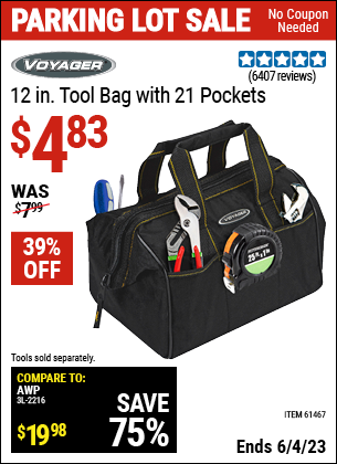 Buy the VOYAGER 12 in. Tool Bag with 21 Pockets (Item 61467) for $4.83, valid through 6/4/2023.