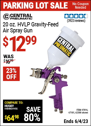 Buy the CENTRAL PNEUMATIC 20 oz. HVLP Gravity Feed Air Spray Gun (Item 62300/47016/67181) for $12.99, valid through 6/4/2023.