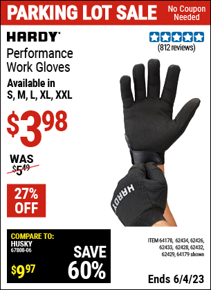Buy the HARDY Mechanic's Gloves X-Large (Item 62432/62429/62433/62428/62434/62426/64178/64179) for $3.98, valid through 6/4/2023.