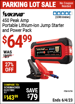 Buy the VIKING Lithium Ion Jump Starter and Power Pack (Item 62749) for $64.99, valid through 6/4/2023.
