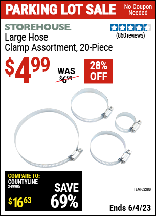 Buy the STOREHOUSE Large Hose Clamp Assortment 20 Pc. (Item 63280) for $4.99, valid through 6/4/2023.