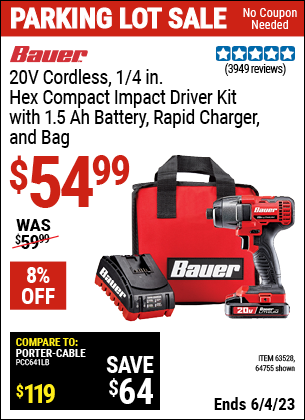Buy the BAUER 20V Lithium 1/4 In. Hex Compact Impact Driver Kit (Item 63528/63528) for $54.99, valid through 6/4/2023.