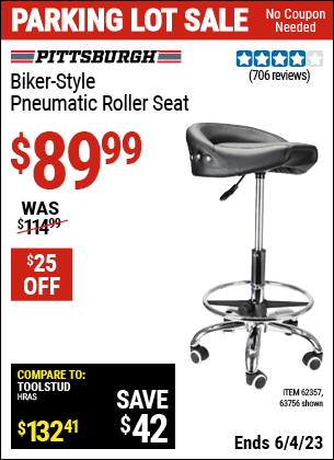 Buy the PITTSBURGH AUTOMOTIVE Biker-Style Pneumatic Roller Seat (Item 63756/62357) for $89.99, valid through 6/4/2023.