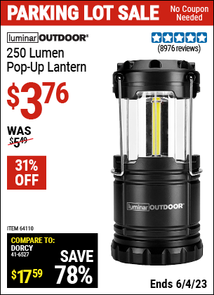 Buy the LUMINAR OUTDOOR 250 Lumen Compact Pop-Up Lantern (Item 64110) for $3.76, valid through 6/4/2023.