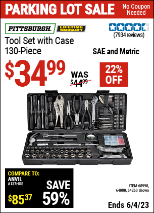 Buy the PITTSBURGH Tool Kit with Case (Item 64263/68998/64080) for $34.99, valid through 6/4/2023.