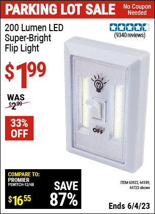 Buy the 200 Lumen LED Super Bright Flip Light (Item 64723/63922/64189) for $1.99, valid through 6/4/2023.