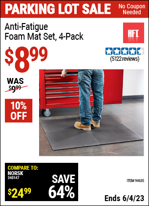 Buy the HFT Anti-Fatigue Foam Mat Set 4 Pc. (Item 94635) for $8.99, valid through 6/4/2023.