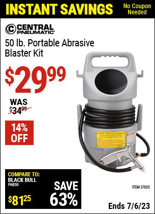 Buy the CENTRAL PNEUMATIC Portable Abrasive Blaster Kit (Item 37025) for $29.99, valid through 7/6/2023.