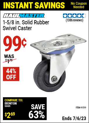 Buy the CENTRAL MACHINERY 1-5/8 in. Rubber Light Duty Swivel Caster (Item 41519) for $0.99, valid through 7/6/2023.