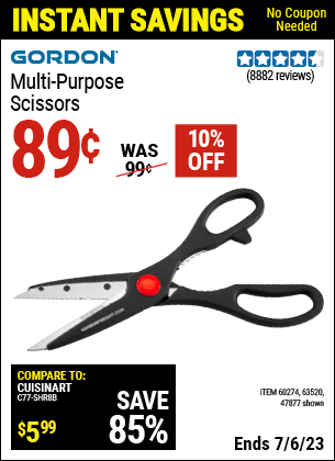 Buy the GORDON Multipurpose Scissors (Item 47877/60274/63520) for $0.89, valid through 7/6/2023.