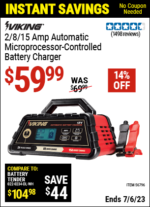 Buy the VIKING 2/8/15 Amp Automatic Microprocessor Controlled Battery Charger (Item 56796) for $59.99, valid through 7/6/2023.