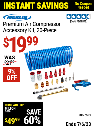 Buy the MERLIN Premium Air Compressor Accessory Kit, 20 Pc. (Item 57621) for $19.99, valid through 7/6/2023.