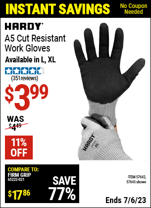 Buy the HARDY A5 Cut Resistant Work Gloves X-Large (Item 57642/57643) for $3.99, valid through 7/6/2023.