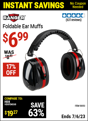 Buy the RANGER Foldable Ear Muffs (Item 58353) for $6.99, valid through 7/6/2023.
