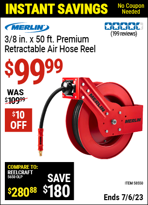 MERLIN 3/8 in. x 50 ft. Premium Retractable Air Hose Reel for $99.99 – Harbor  Freight Coupons