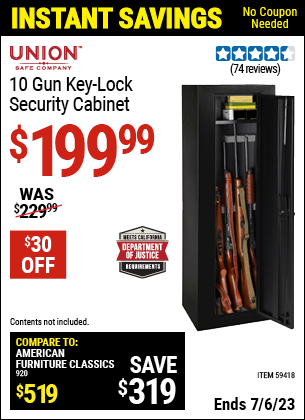 Buy the UNION SAFE COMPANY 10 Gun Key Lock Security Cabinet (Item 59418) for $199.99, valid through 7/6/2023.