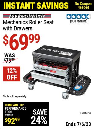 Buy the PITTSBURGH AUTOMOTIVE Mechanic's Roller Seat with Drawers (Item 63762) for $69.99, valid through 7/6/2023.