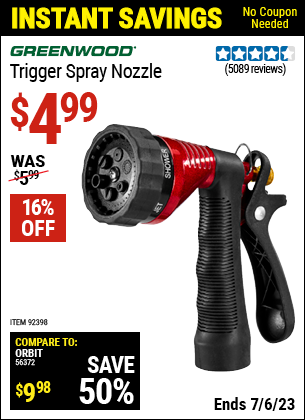 Buy the GREENWOOD Trigger Spray Nozzle (Item 92398) for $4.99, valid through 7/6/2023.