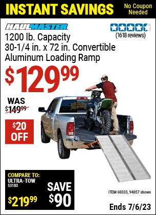 Buy the HAUL-MASTER 1200 lb. Capacity 30-1/4 in. x 72 in. Convertible Aluminum Loading Ramp (Item 94057/60333) for $129.99, valid through 7/6/2023.