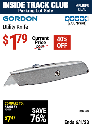 Inside Track Club members can buy the GORDON Retractable Utility Knife (Item 03359) for $1.79, valid through 6/1/2023.
