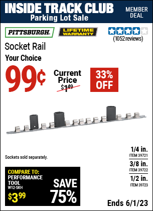 Inside Track Club members can buy the PITTSBURGH 1/2 in. Socket Rail (Item 39723/39721/39722) for $0.99, valid through 6/1/2023.