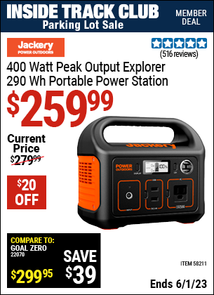 Inside Track Club members can buy the JACKERY 400 Watt Peak Output Explorer 290 Wh Portable Power Station (Item 58211) for $259.99, valid through 6/1/2023.