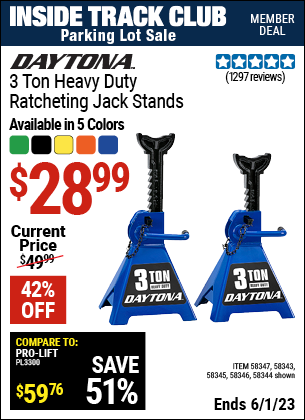 Inside Track Club members can buy the DAYTONA 3 ton Heavy Duty Ratcheting Jack Stands (Item 58343/58344/58345/58346/58347) for $28.99, valid through 6/1/2023.
