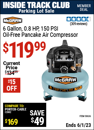 Inside Track Club members can buy the MCGRAW 6 gallon 0.8 HP 150 PSI Oil Free Pancake Air Compressor (Item 58636) for $119.99, valid through 6/1/2023.