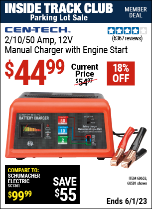 Inside Track Club members can buy the CEN-TECH 12V Manual Charger With Engine Start (Item 60581/60653) for $44.99, valid through 6/1/2023.