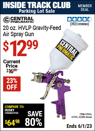Inside Track Club members can buy the CENTRAL PNEUMATIC 20 oz. HVLP Gravity Feed Air Spray Gun (Item 62300/47016/67181) for $12.99, valid through 6/1/2023.