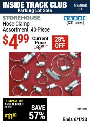 Inside Track Club members can buy the STOREHOUSE Hose Clamp Assortment 40 Pc. (Item 62363) for $4.99, valid through 6/1/2023.