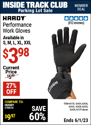 Inside Track Club members can buy the HARDY Mechanic's Gloves X-Large (Item 62432/62429/62433/62428/62434/62426/64178/64179) for $3.98, valid through 6/1/2023.