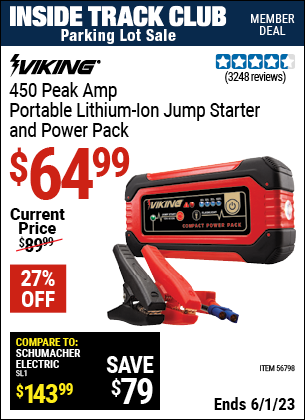 Inside Track Club members can buy the VIKING Lithium Ion Jump Starter and Power Pack (Item 62749) for $64.99, valid through 6/1/2023.