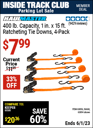 Inside Track Club members can buy the HAUL-MASTER 1 In. X 15 Ft. Ratcheting Tie Downs 4 Pk (Item 63094/63056/56668) for $7.99, valid through 6/1/2023.