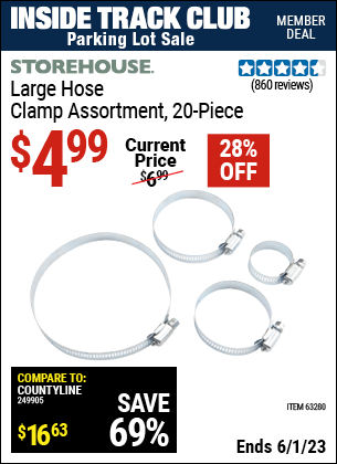 Inside Track Club members can buy the STOREHOUSE Large Hose Clamp Assortment 20 Pc. (Item 63280) for $4.99, valid through 6/1/2023.