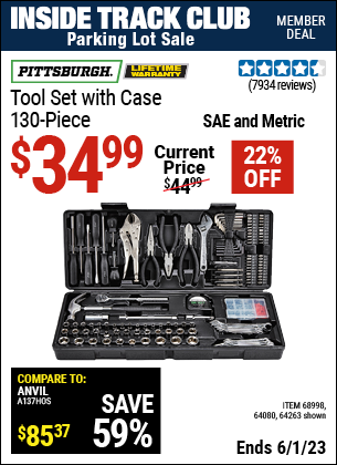 Inside Track Club members can buy the PITTSBURGH Tool Kit with Case (Item 64263/68998/64080) for $34.99, valid through 6/1/2023.